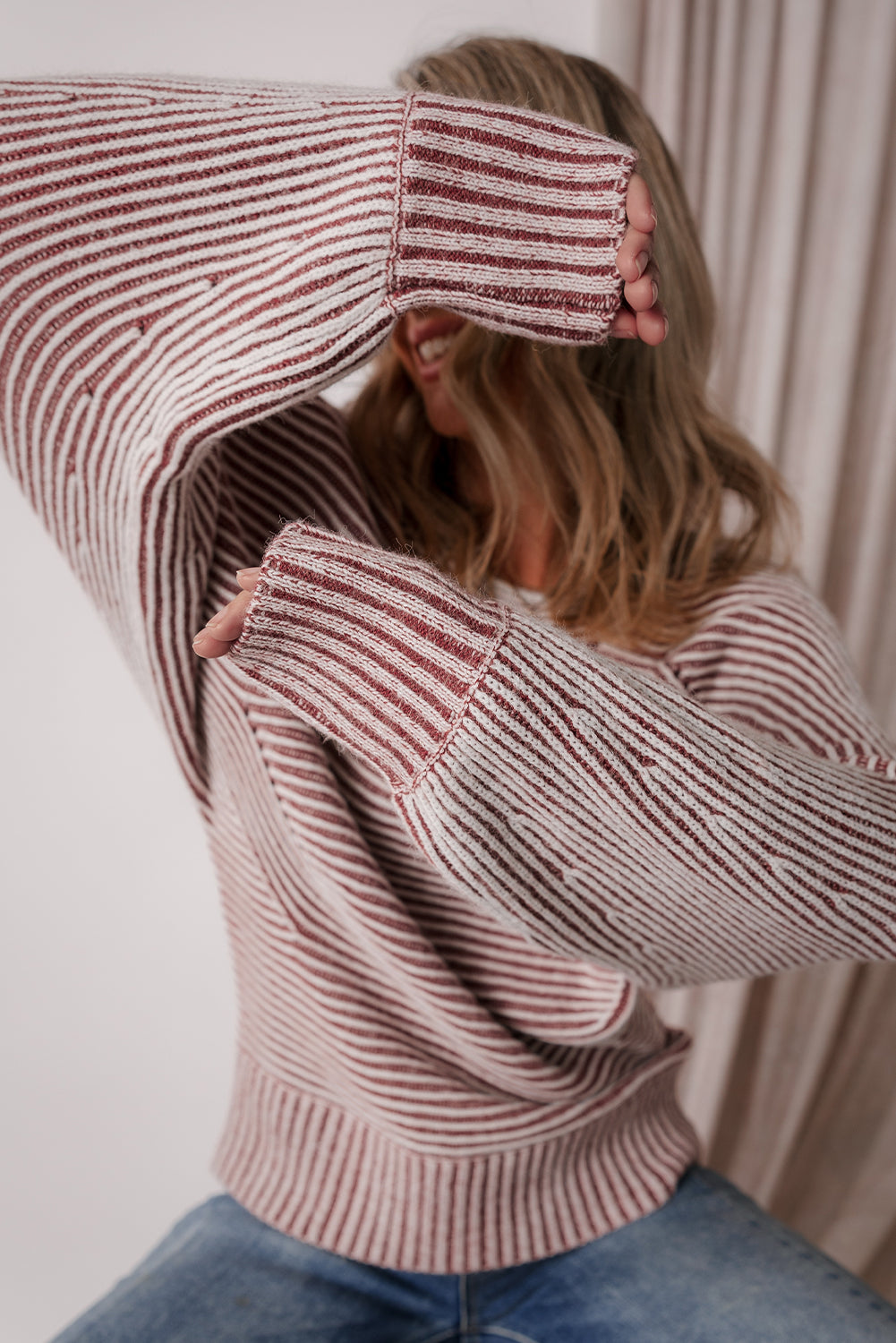 Premium Red Dahlia Striped Print Knit Boat Neck Baggy Sweater