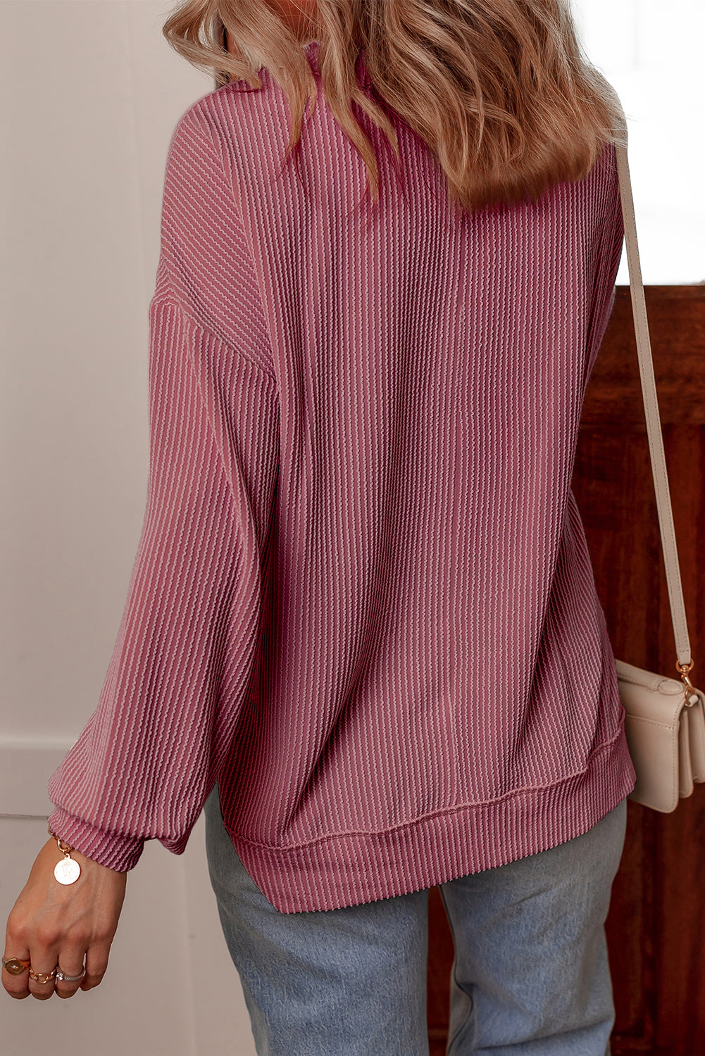 Fiery Red Twisted Rib V Neck Drop Shoulder Loose Sleeve Oversize Top