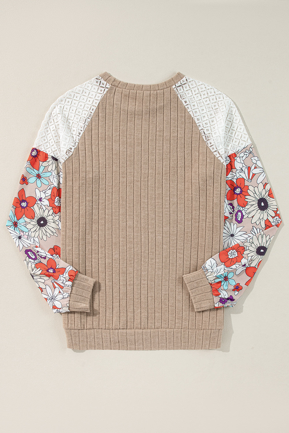 Bailey Patchwork Long Sleeve Ribbed Blouse with Floral Lace Detail - Love Salve