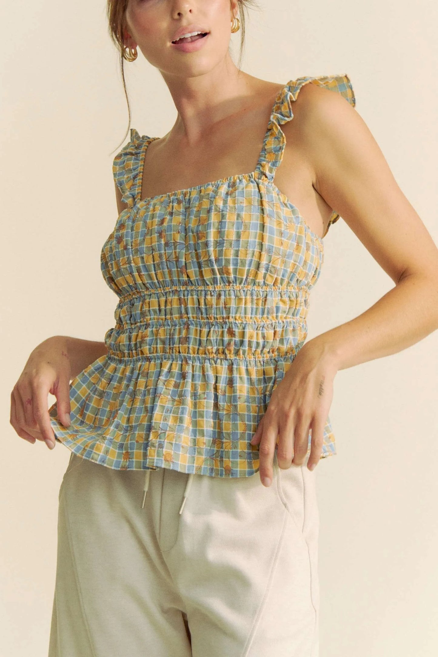 Davi & Dani Plaid Ruffled Strap Smocked Sleeveless Top - Love Salve