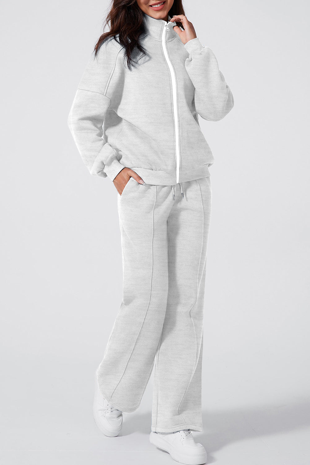 Light Grey Drop Shoulder Zip Jacket Drawstring Pants Set