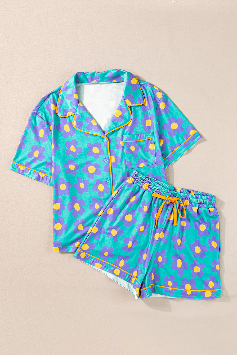 Green Flower Print Short Sleeve Shirt Pajamas Set for Women