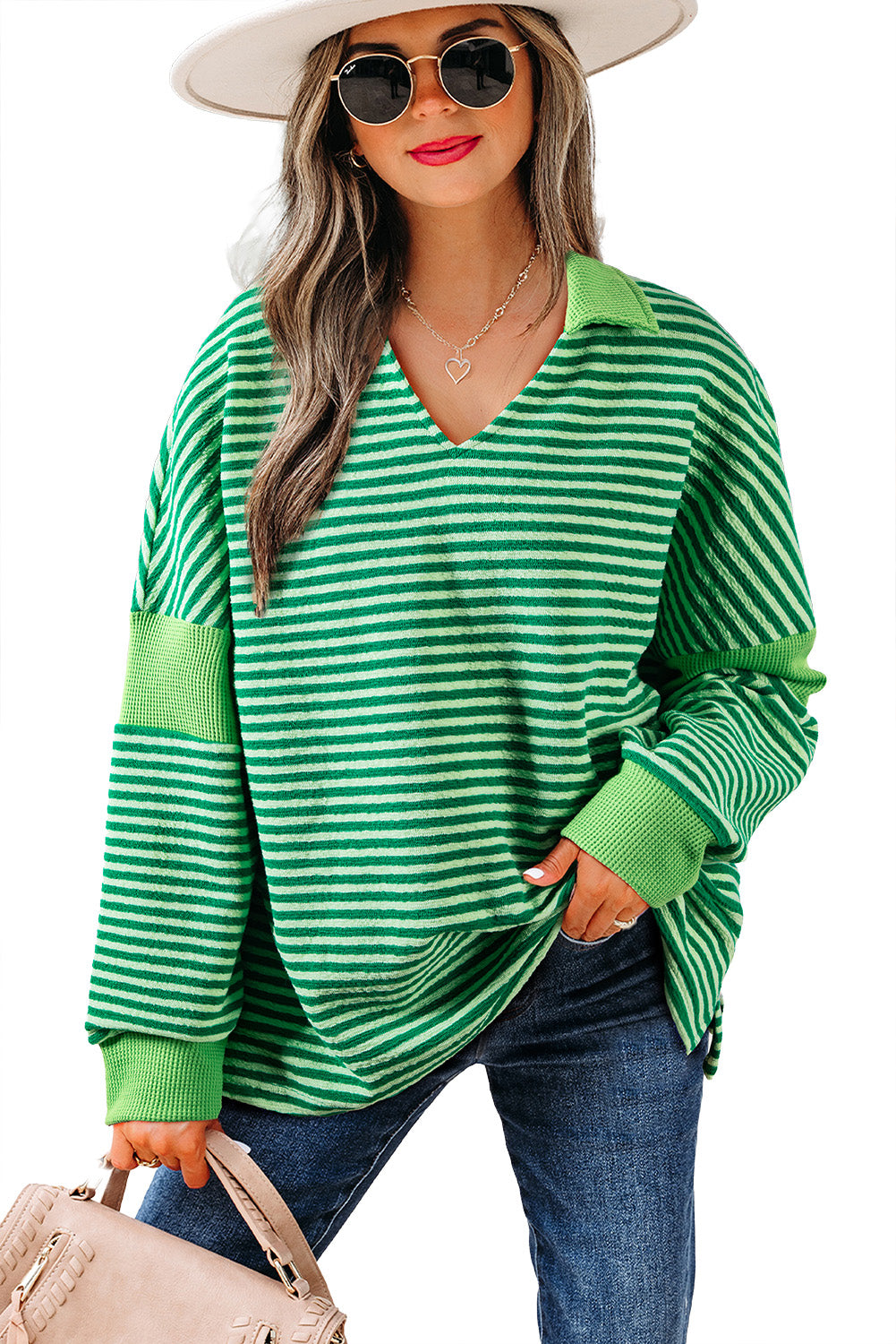 Chic green striped v-neck top
