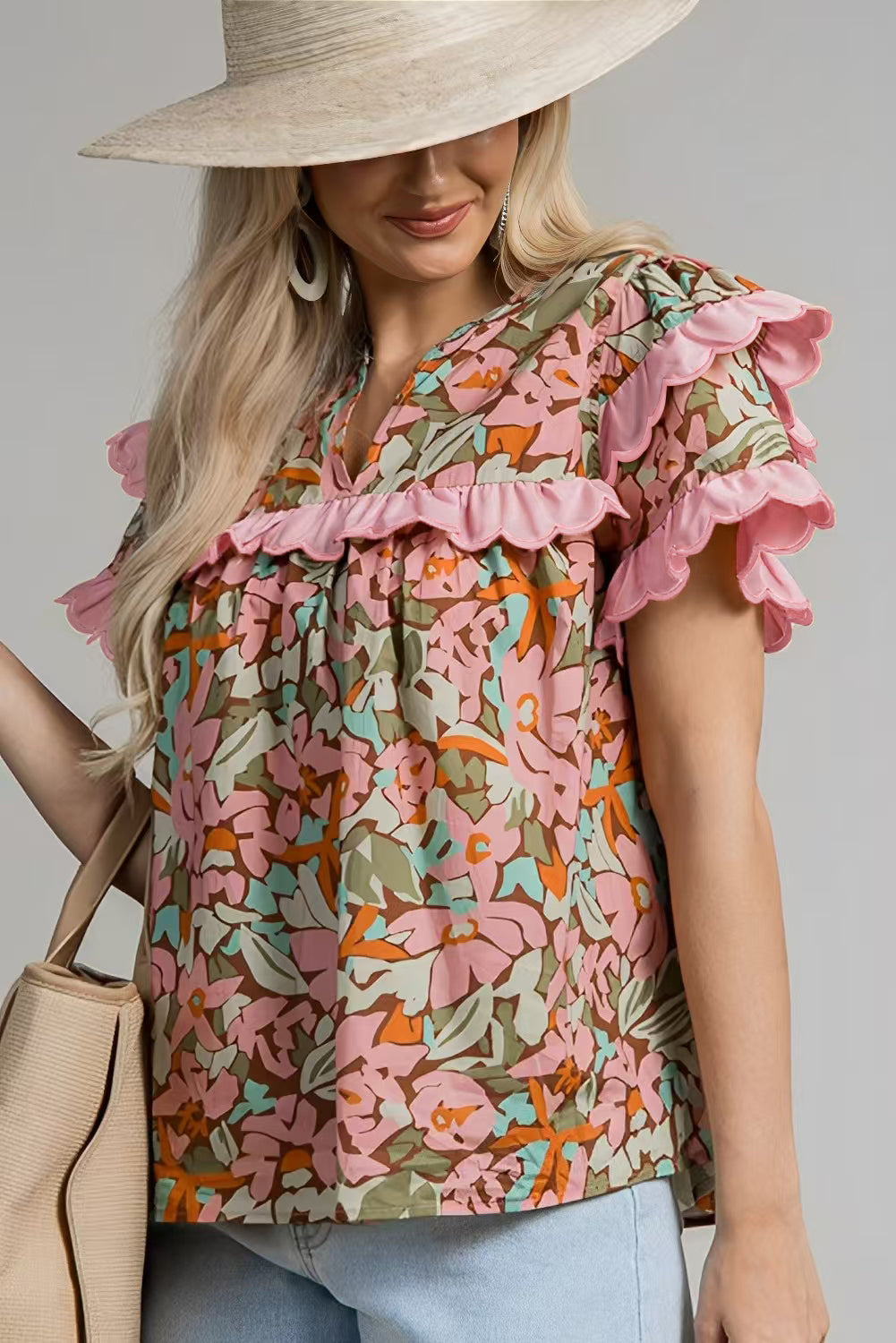 Multicolour Floral Tiered Ruffled Short Sleeve Blouse for Women