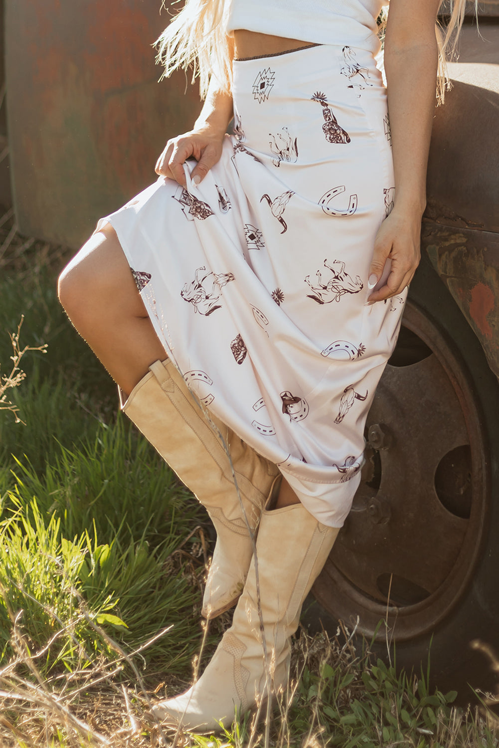 Beige Western Print Satin Long Skirt for Stylish Outfits
