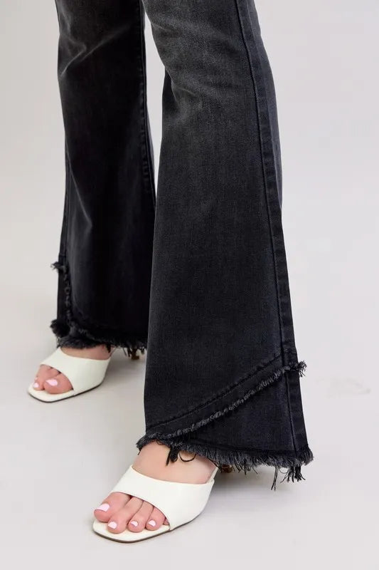 Judy Blue Full Size High Waist Flare Jeans With Mock Fray Tulip Hem Plus Size - Love Salve
