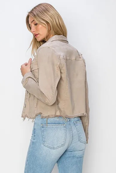 Risen Full Size Raw Hem Button Up Cropped Denim Jacket Plus Size - Love Salve