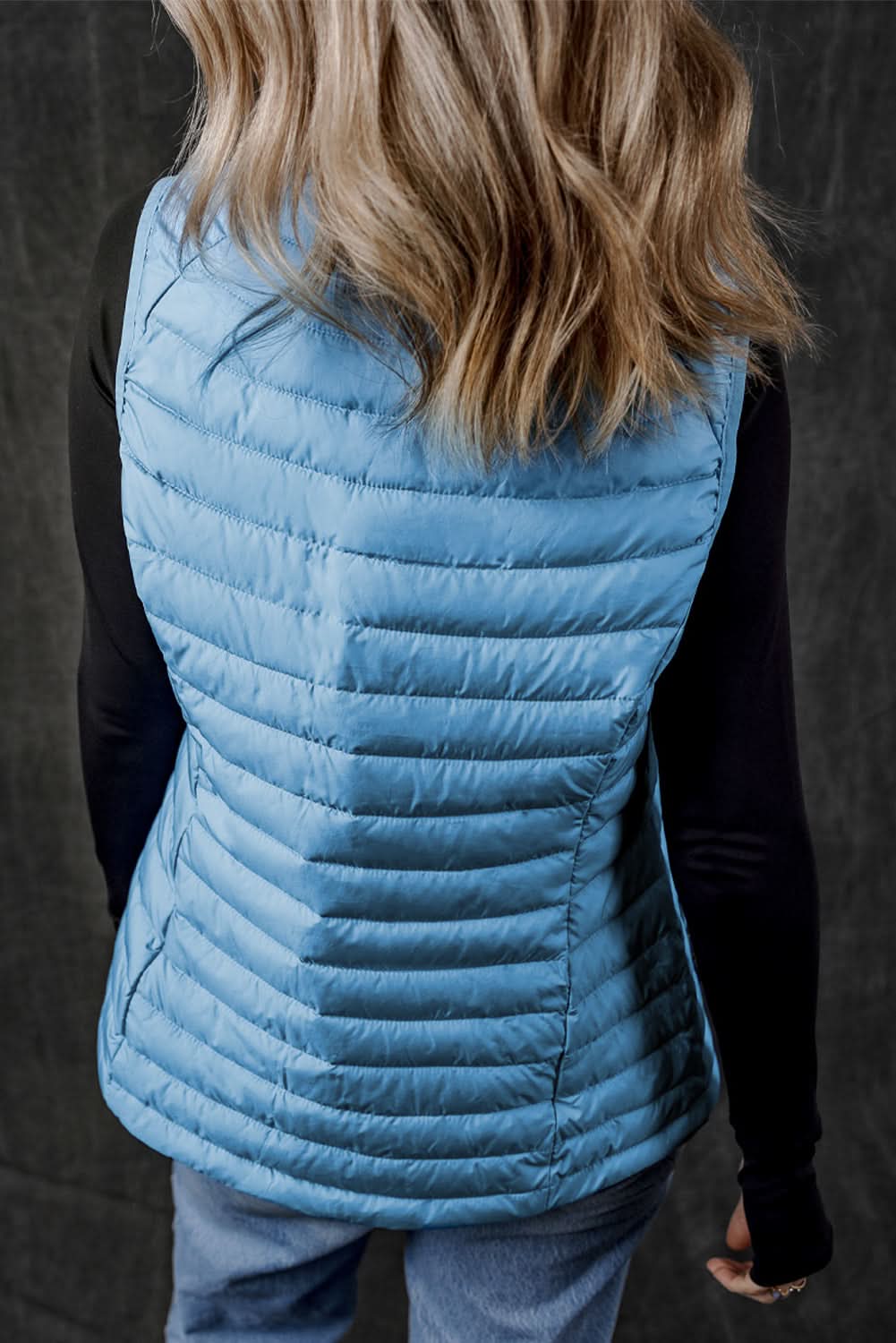 Sky Blue Plush Collared Quilted Zipped Puffer Vest - Love Salve