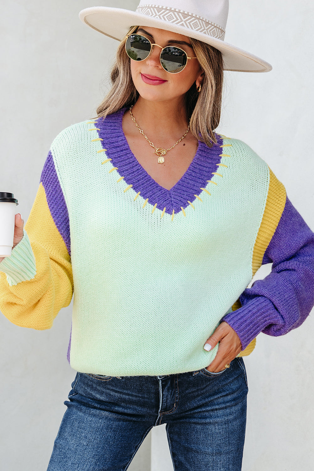 Premium Green Stitched V Neck Color Block Knitted Drop Shoulder Sweater