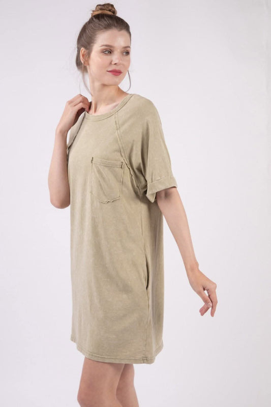 Very J Washed Round Neck Mini Tee Dress for Effortless Style - Love Salve