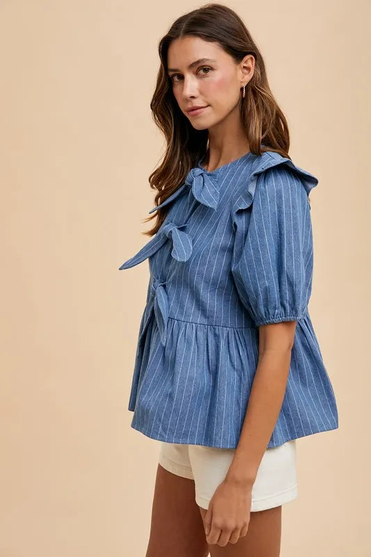 Annie Wear Stripe Front Bow Denim Peplum Blouse - Love Salve