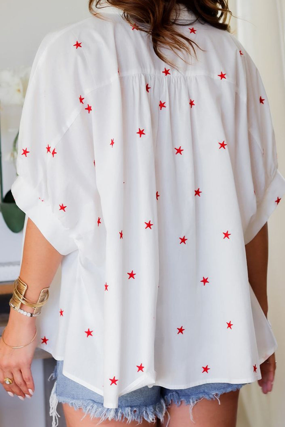 White Little Stars Printed Loose Half Sleeve Shirt for Women