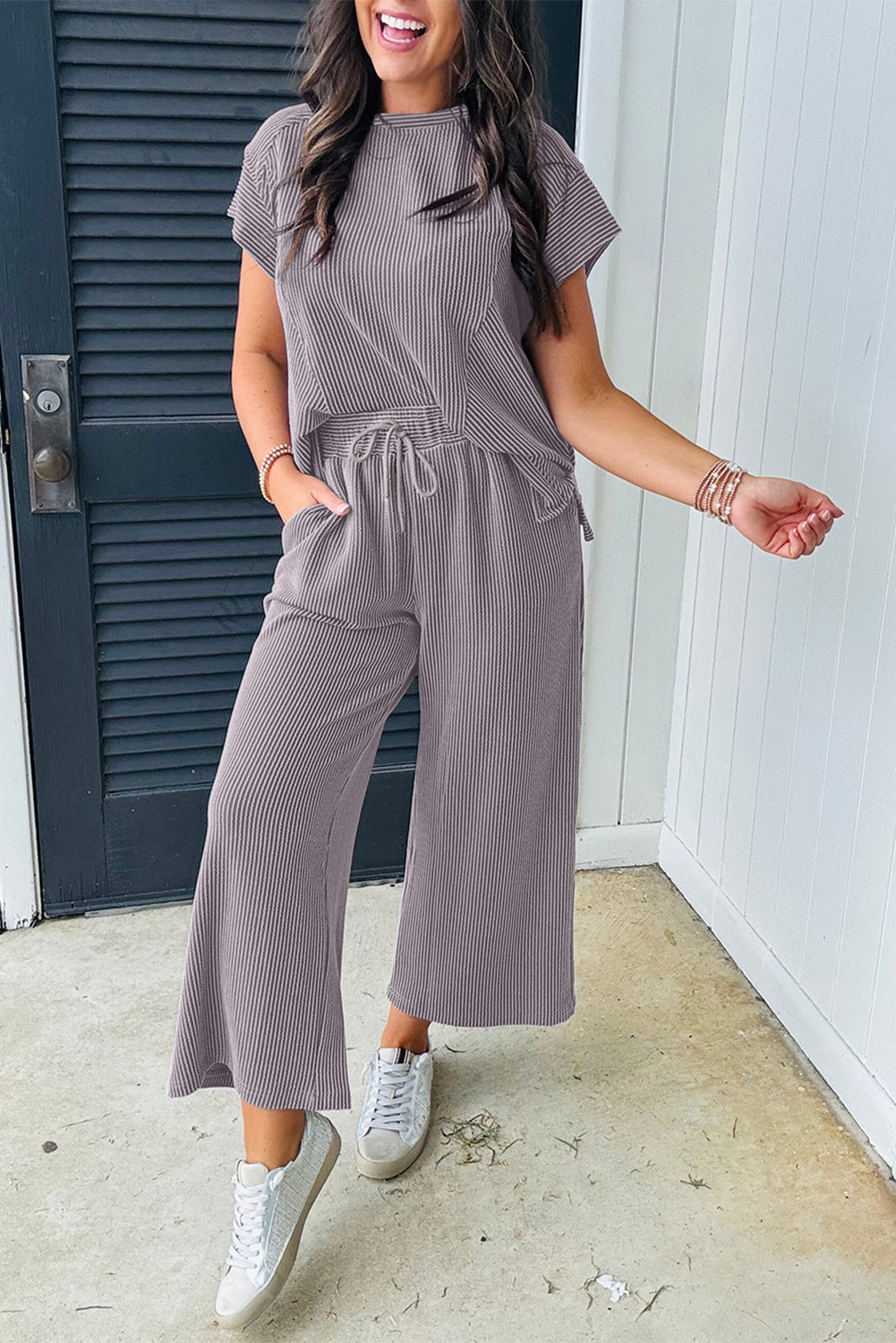 Wild Wind Solid Corded Knit Short Sleeve T Shirt Set