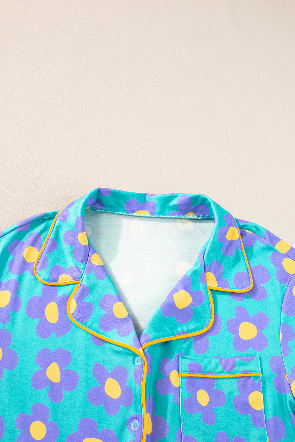 Green Flower Print Short Sleeve Shirt Pajamas Set for Women
