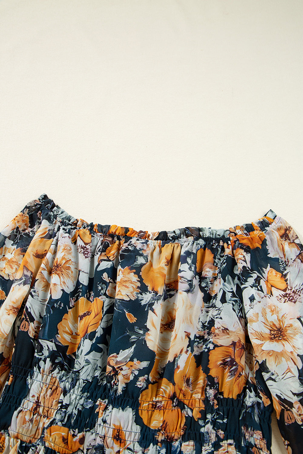Premium Blue Floral Off Shoulder Bell Sleeve Smocked Peplum Top