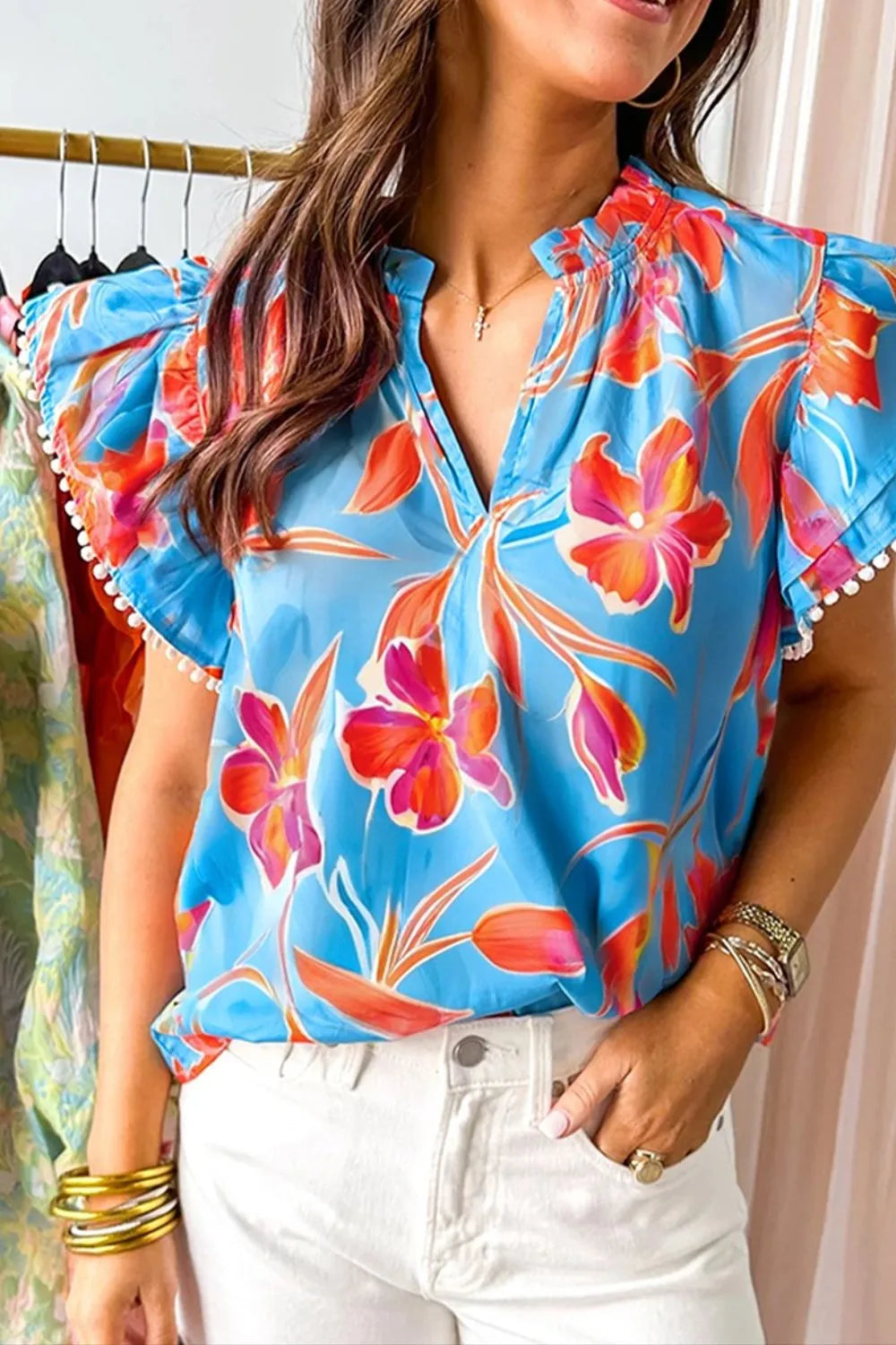 Floral Print Notched Pompom Trim Flutter Sleeve Blouse