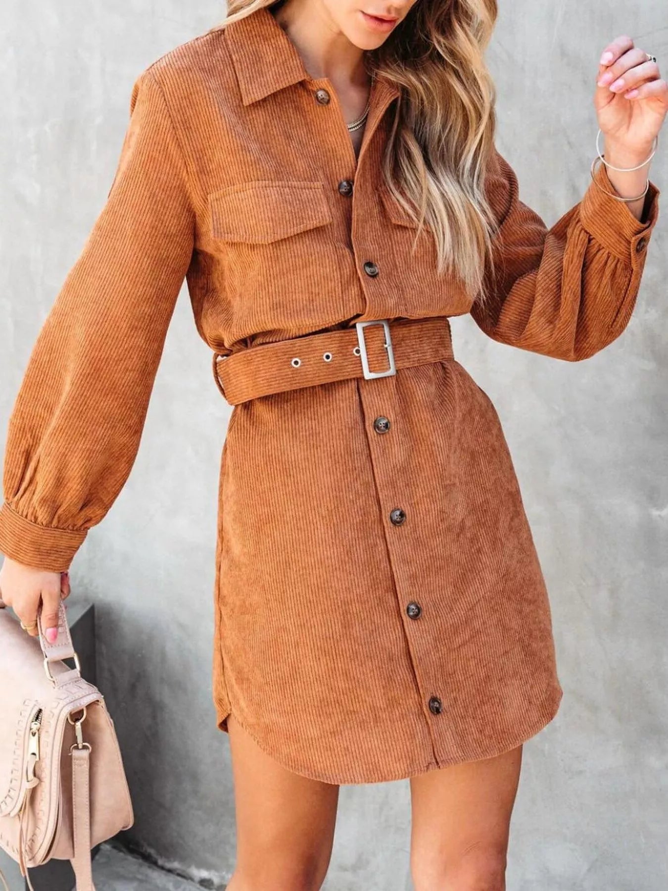 Button Front Belt Long Sleeve Corduroy Dress