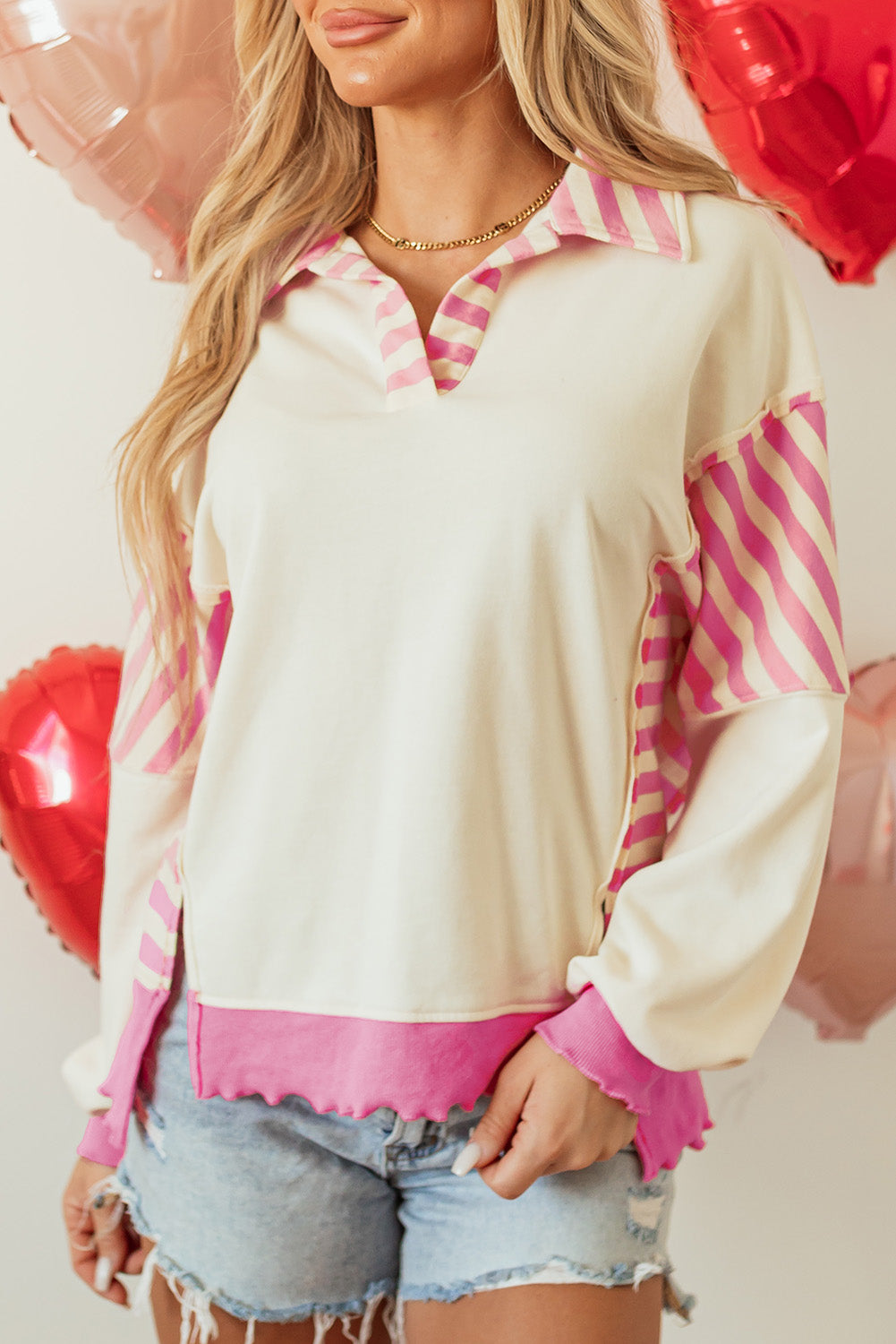 Juliana Patchwork Terry Knit Pullover Top with Collared Neckline - Love Salve