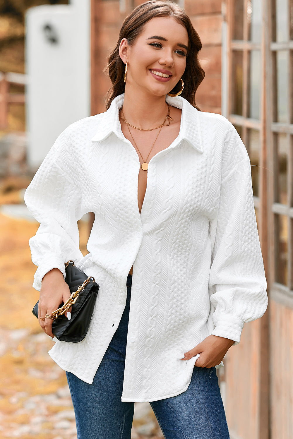 White Cable Texture Puff Sleeve Loose Shacket Casual Wear