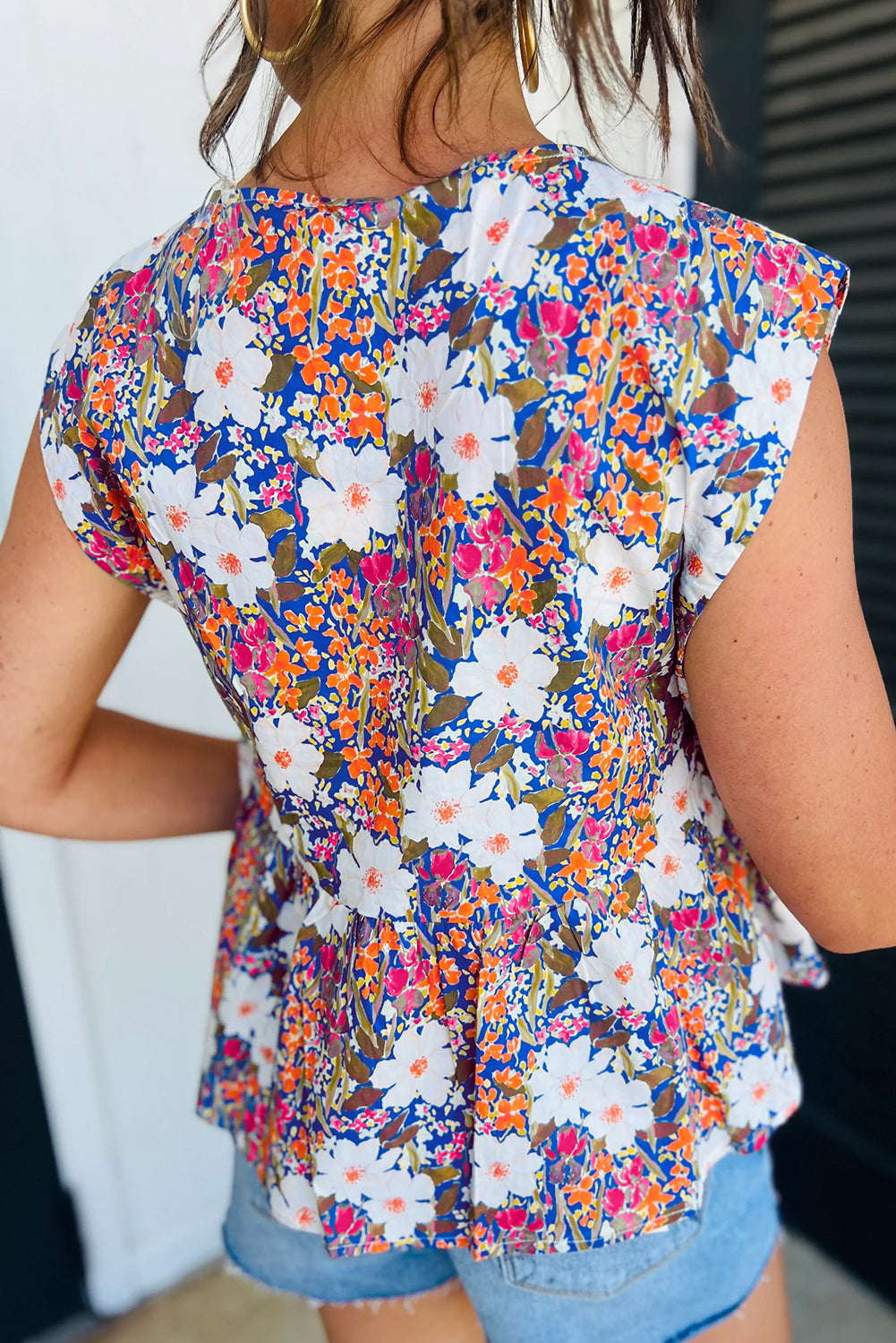 Rose Green Floral Print Bow Applique Slit Sleeveless Blouse