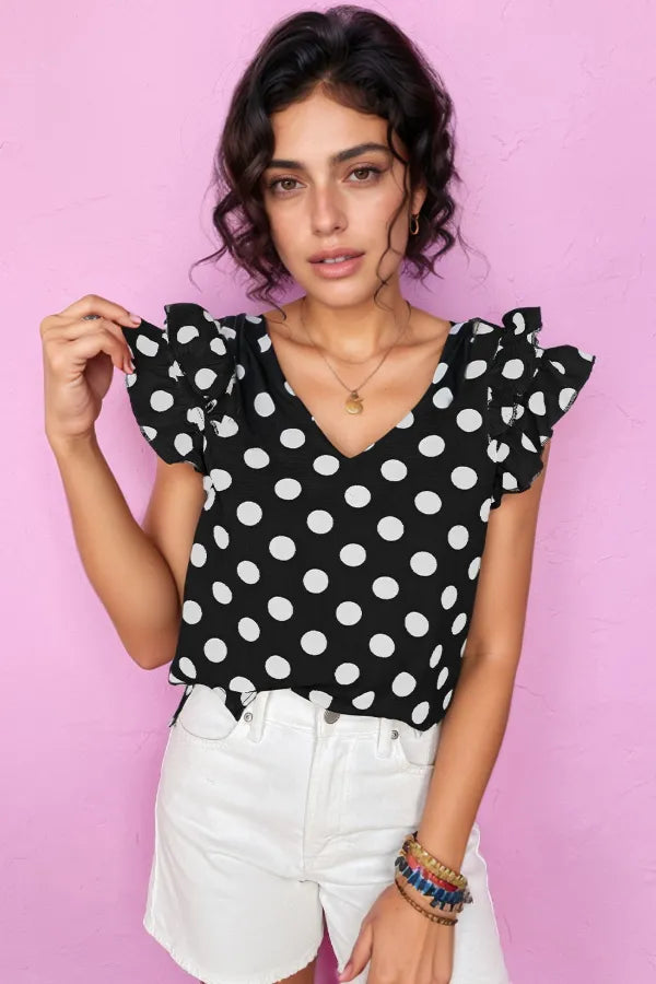 Polka Dot V-Neck Ruffle Cap Sleeve Blouse
