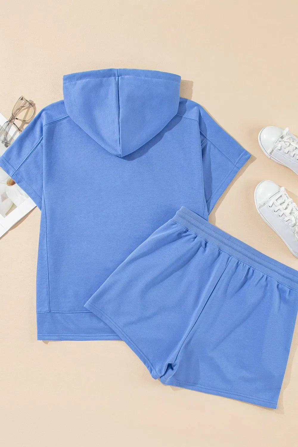 Drawstring Zipped Short Sleeve Hoodie and Shorts Set