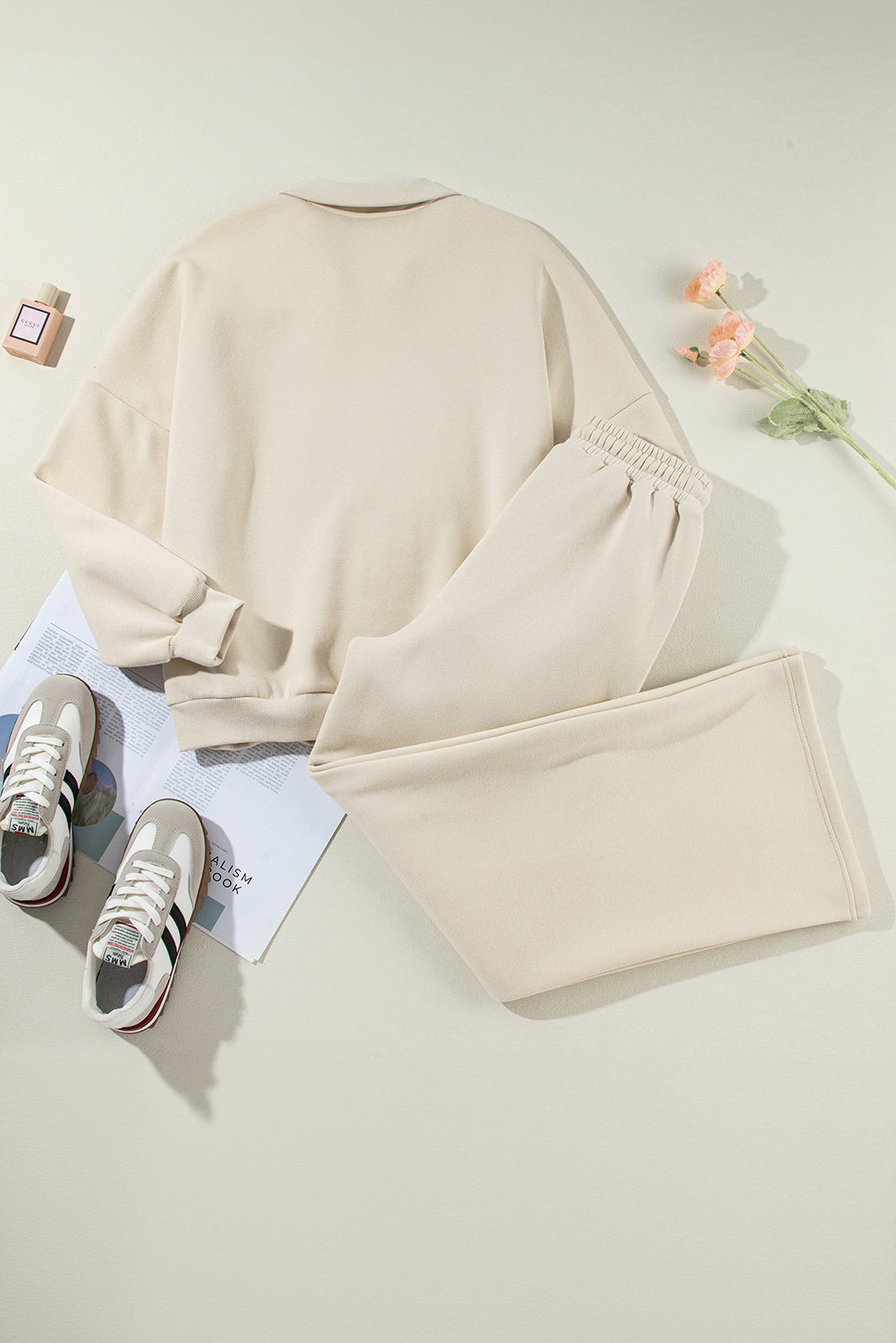 Beige Drop Shoulder Zip Jacket Set 2Pcs Activewear Gear