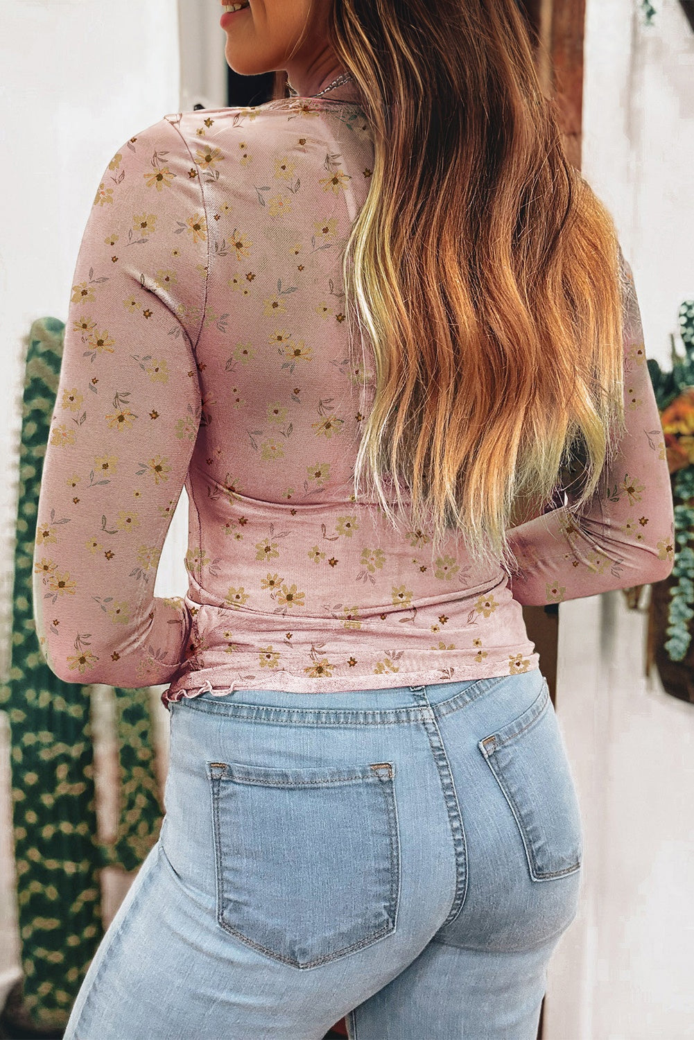 Premium Pink Vintage Floral Mesh Long Sleeve Top Southern Style