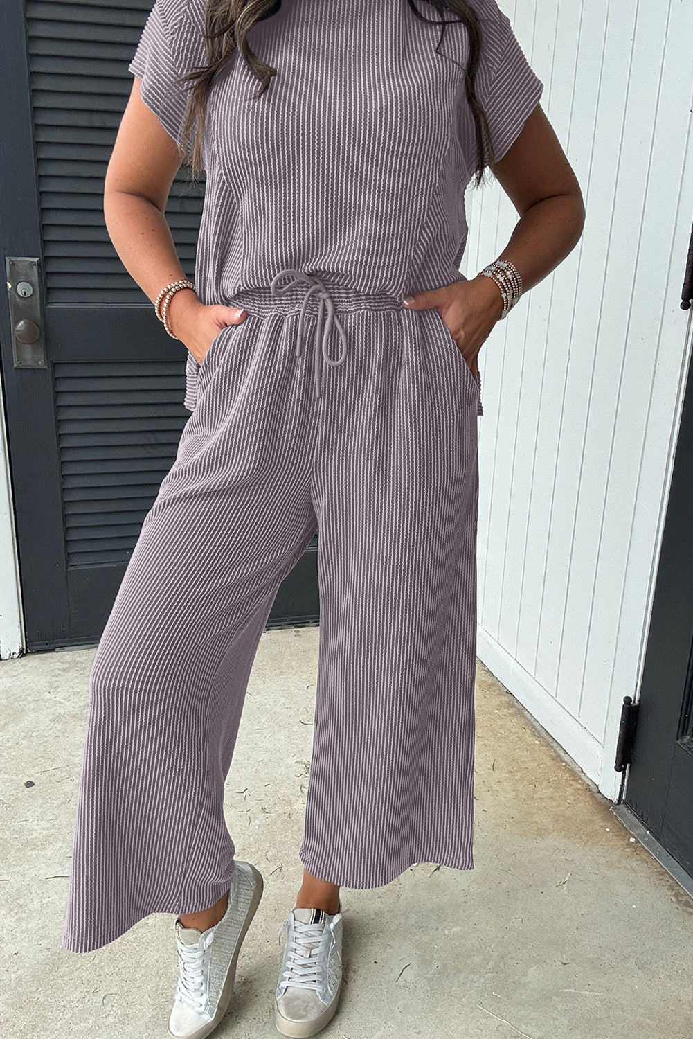 Wild Wind Solid Corded Knit Short Sleeve T Shirt Set