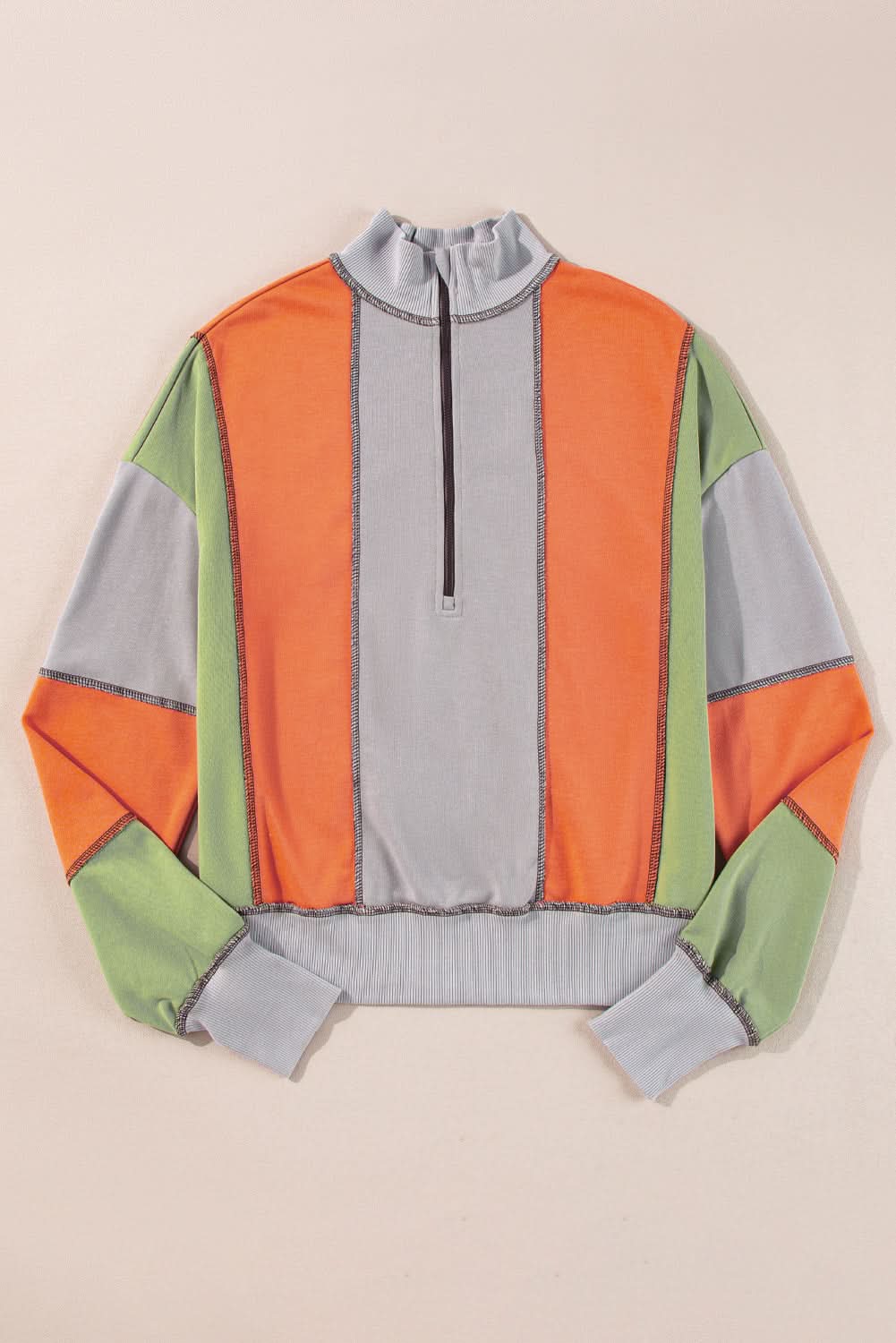 Light Grey Color Block Stitching Detail Half Zipper Sweatshirt - Love Salve