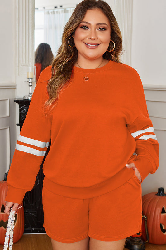 Orange Plus Size Varsity Striped Drop Shoulder Shorts Set Dear-Lover Dropshipping