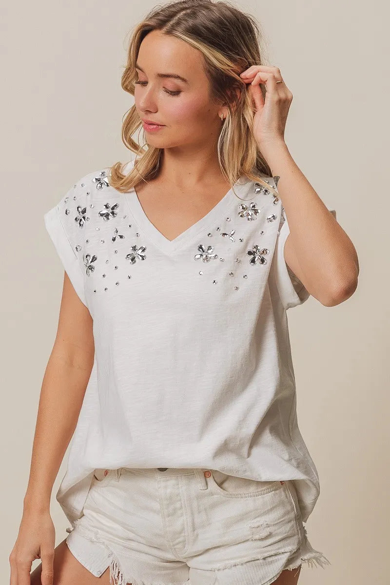 BiBi Slub Jersey Rhinestone V Neck Top - Love Salve