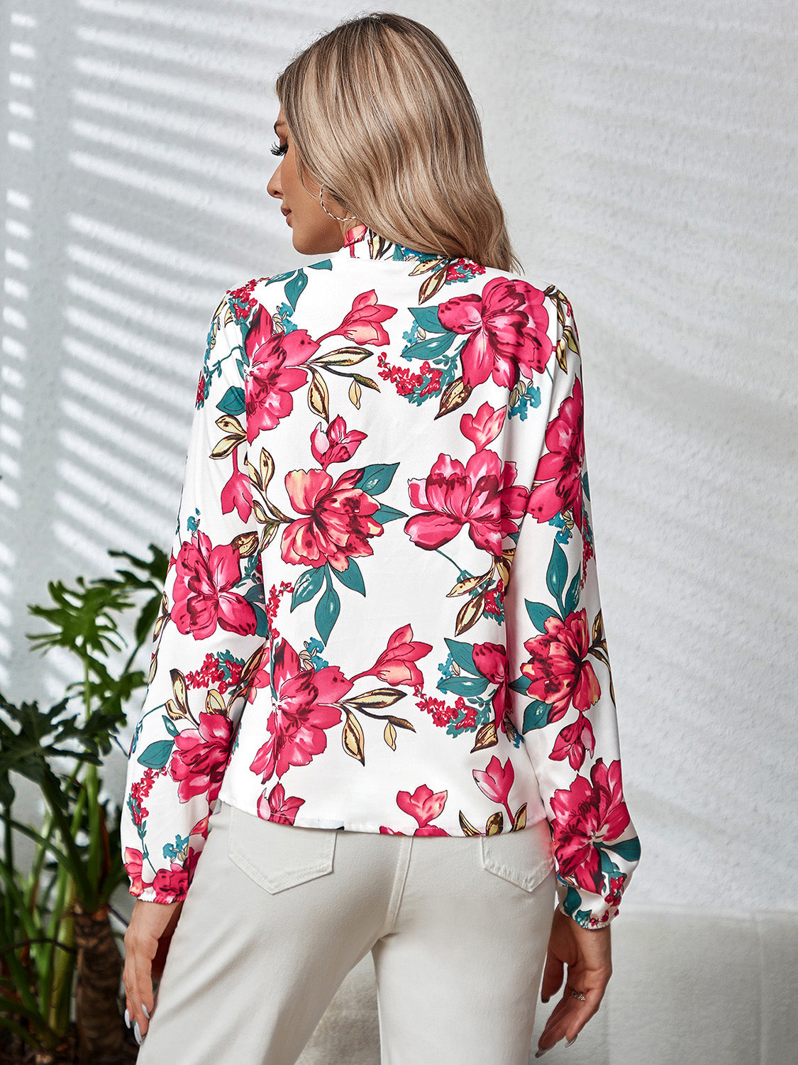 Bold Blooms Tie Neck Blouse
