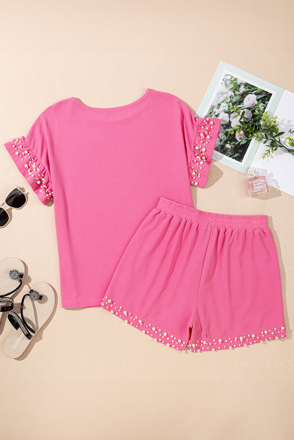 Bright Pink Textured Pearled Ruffle Sleeve Top Set