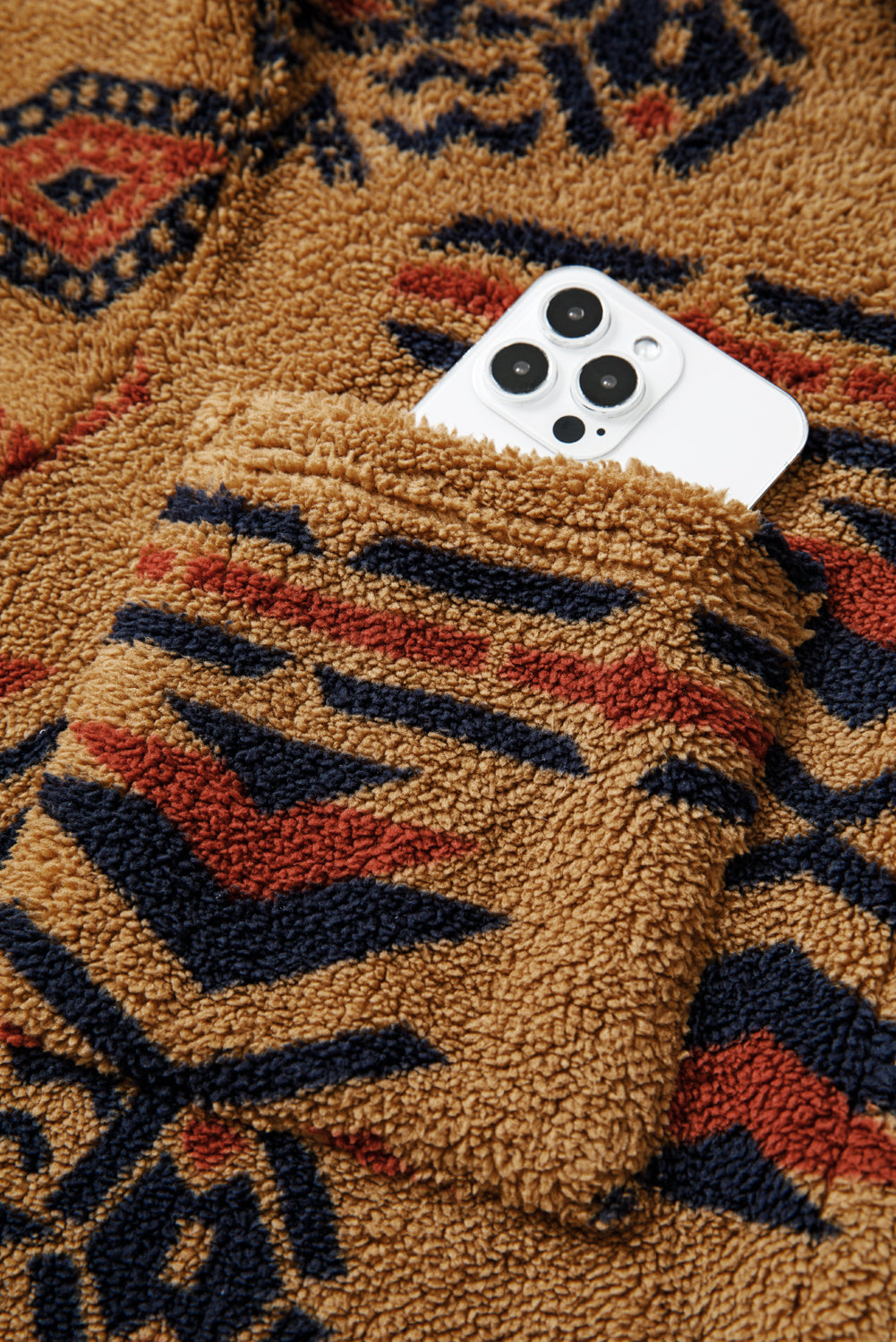 Premium Khaki Western Aztec Pattern Fleece Shacket For Cold Weather
