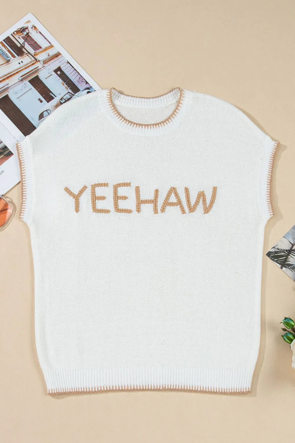 YEEHAW Stitch Edge Crew Neck Knit Top