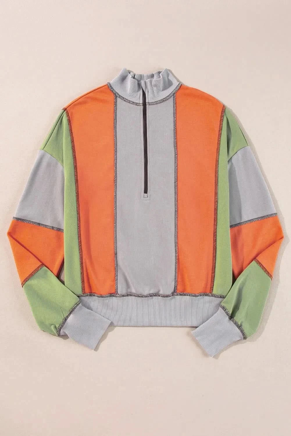 Full Size Exposed Seam Color Block Long Sleeve Sweatshirt - Love Salve