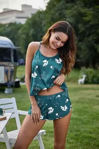 Silk Pajamas Set for Women Satin Backless Lingerie Pjs Cami Top and Shorts Nightwear - Love Salve