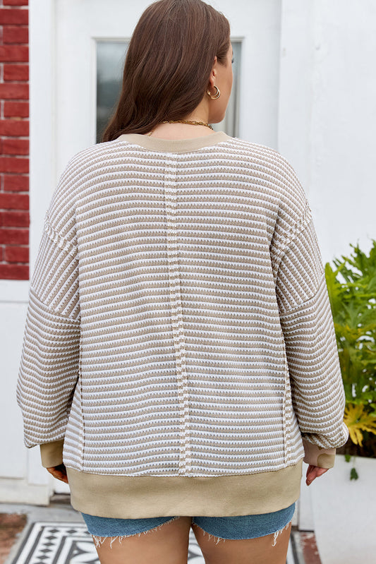 Brown Stripe Plus Size Knit Ribbed Long Sleeve Top Relaxed Dear-Lover Dropshipping