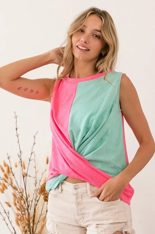 BiBi Slub Terry Color Block Twisted Top - Love Salve