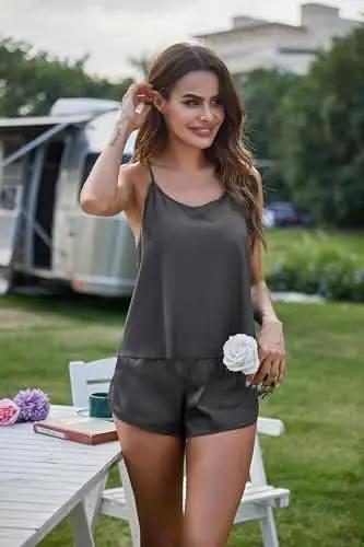 Silk Pajamas Set for Women Satin Backless Lingerie Pjs Cami Top and Shorts Nightwear - Love Salve