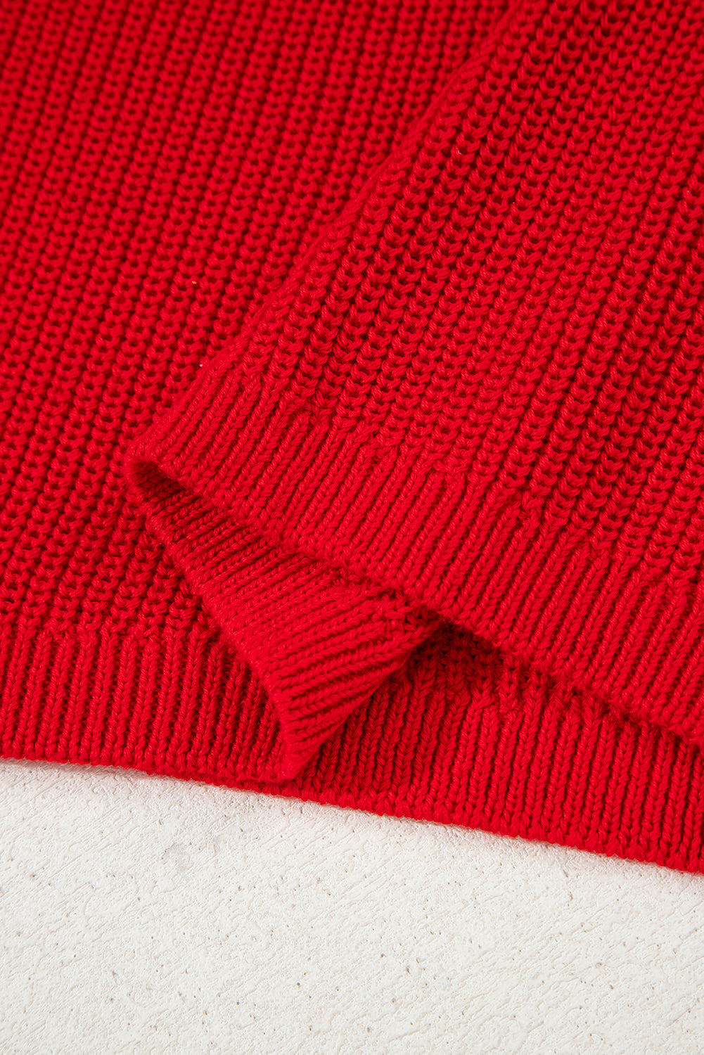 Premium Racing Red Solid Textured Knit V Neck Drop Shoulder Sweater
