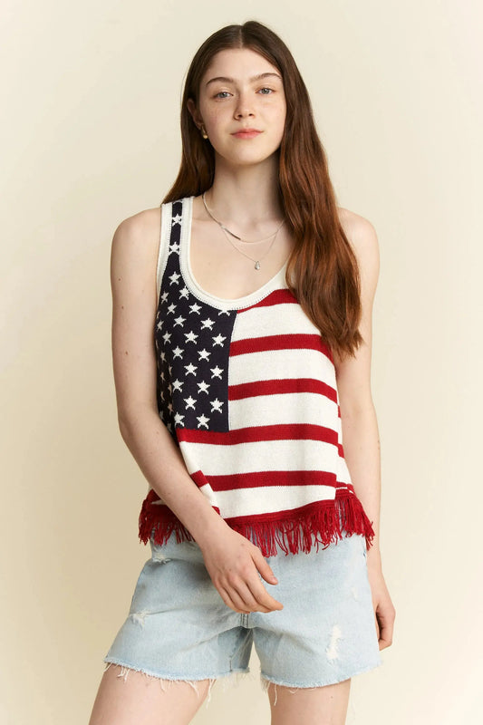 Jade By Jane Full Size American Flag Fringe Tank Top Plus Size - Love Salve