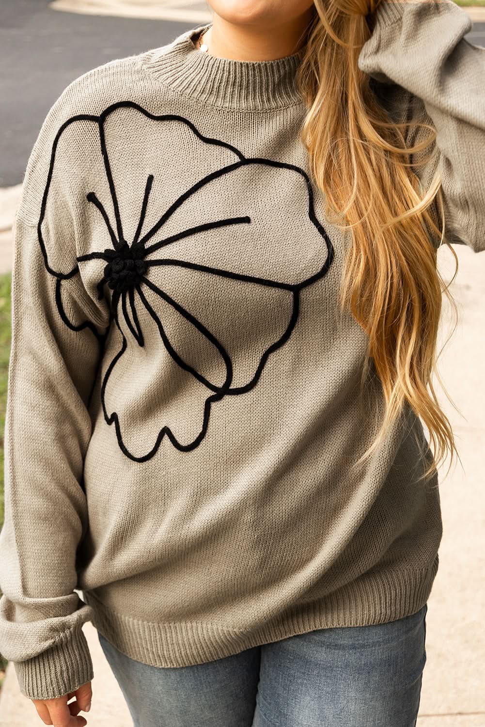 Dark Khaki Plus Size Big Flower Pattern High Neck Drop Shoulder Sweater - Love Salve