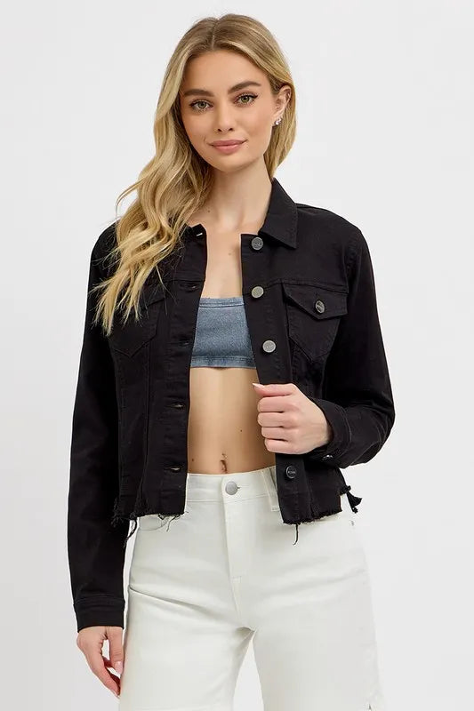 Risen Full Size Irregular Fray Hem Button Up Denim Jacket Plus Size - Love Salve
