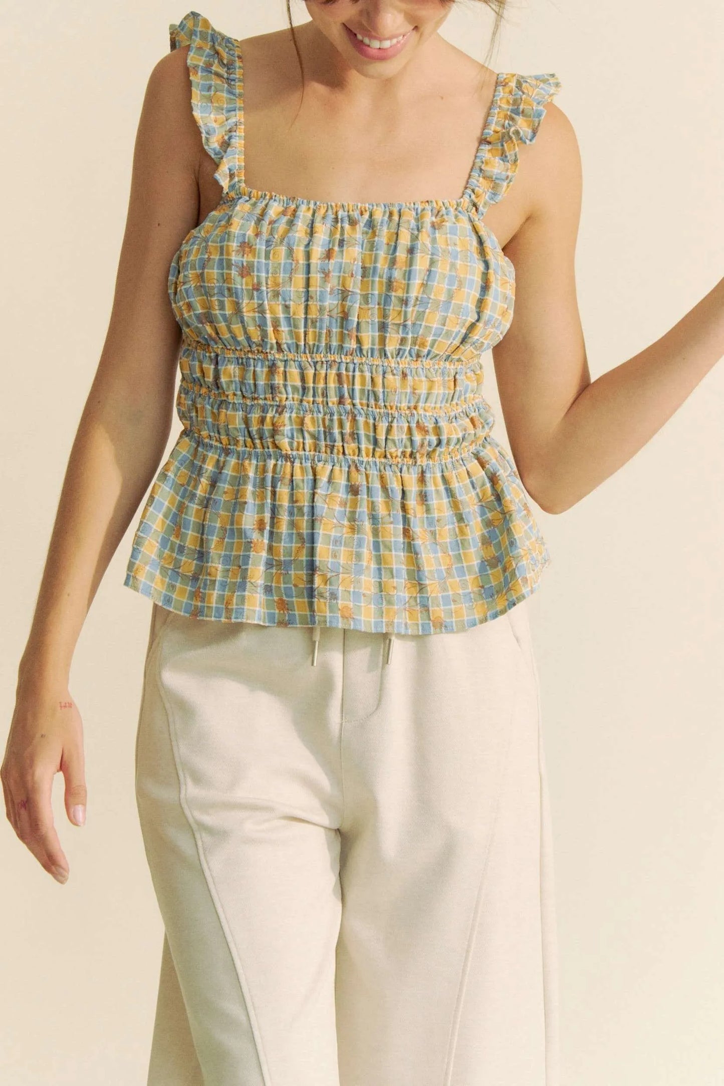 Davi & Dani Plaid Ruffled Strap Smocked Sleeveless Top - Love Salve