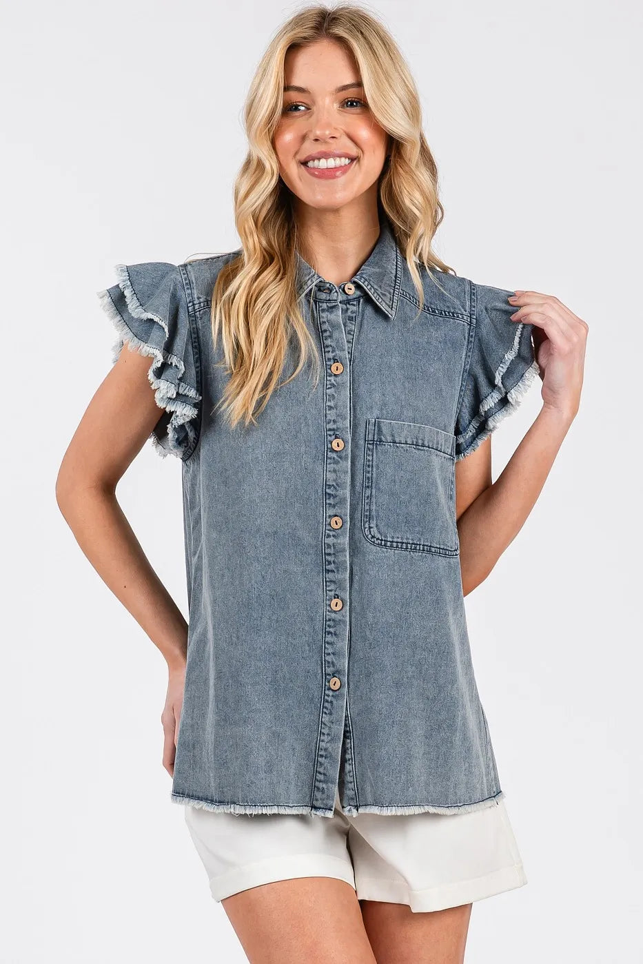 Mittoshop Washed Denim Ruffle Short Sleeve Collared Shirt - Love Salve