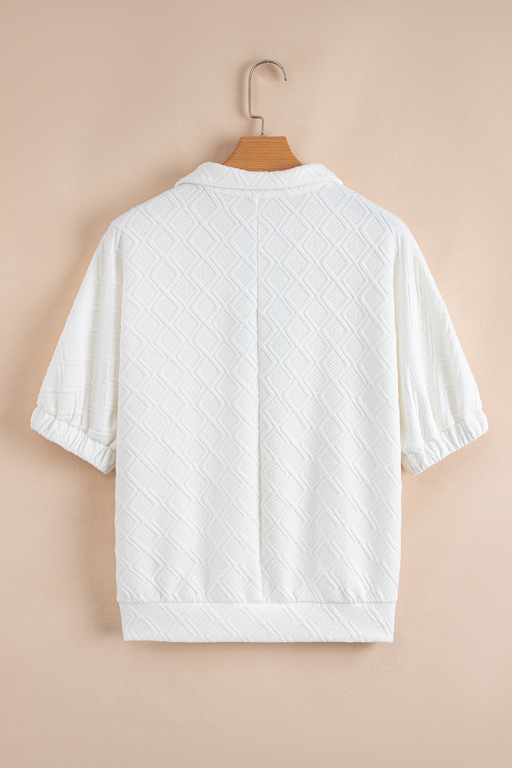 White Contrast Striped Collar Patchwork Textured Half Sleeve Blouse