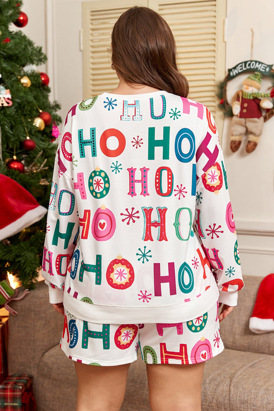 White Plus Size Christmas Ho Ho Ho Long Sleeve Lounge 2Pc Dear-Lover Dropshipping
