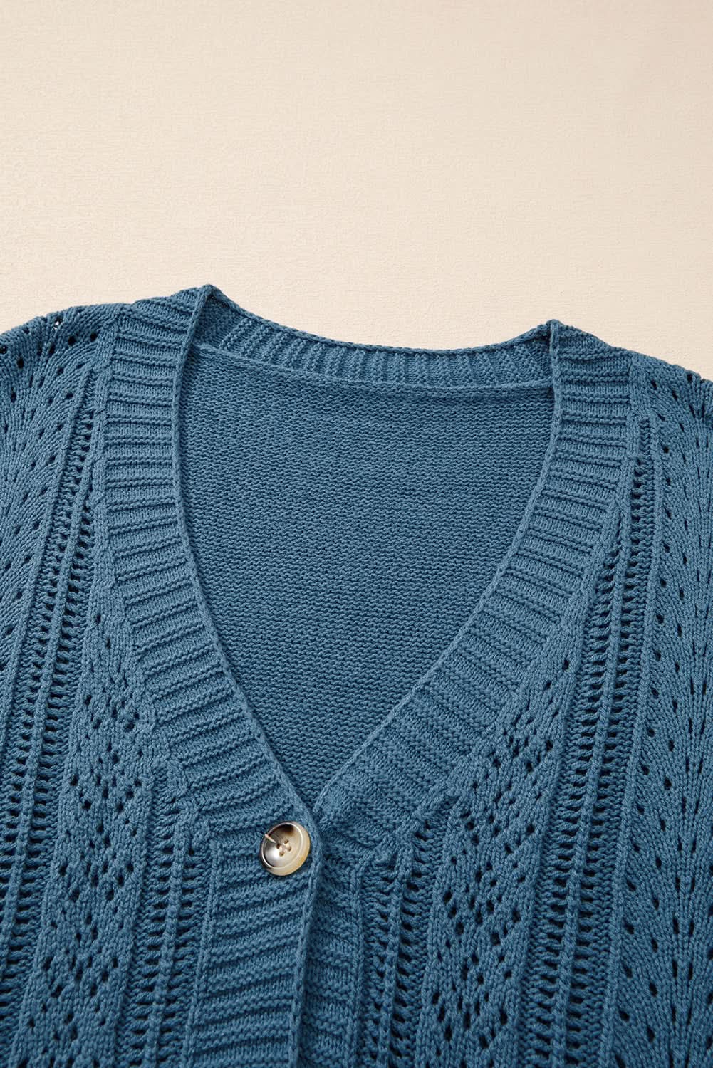 Real Teal Open Knit V Neck Button Front Drop Shoulder Plus Size Cardigan - Love Salve